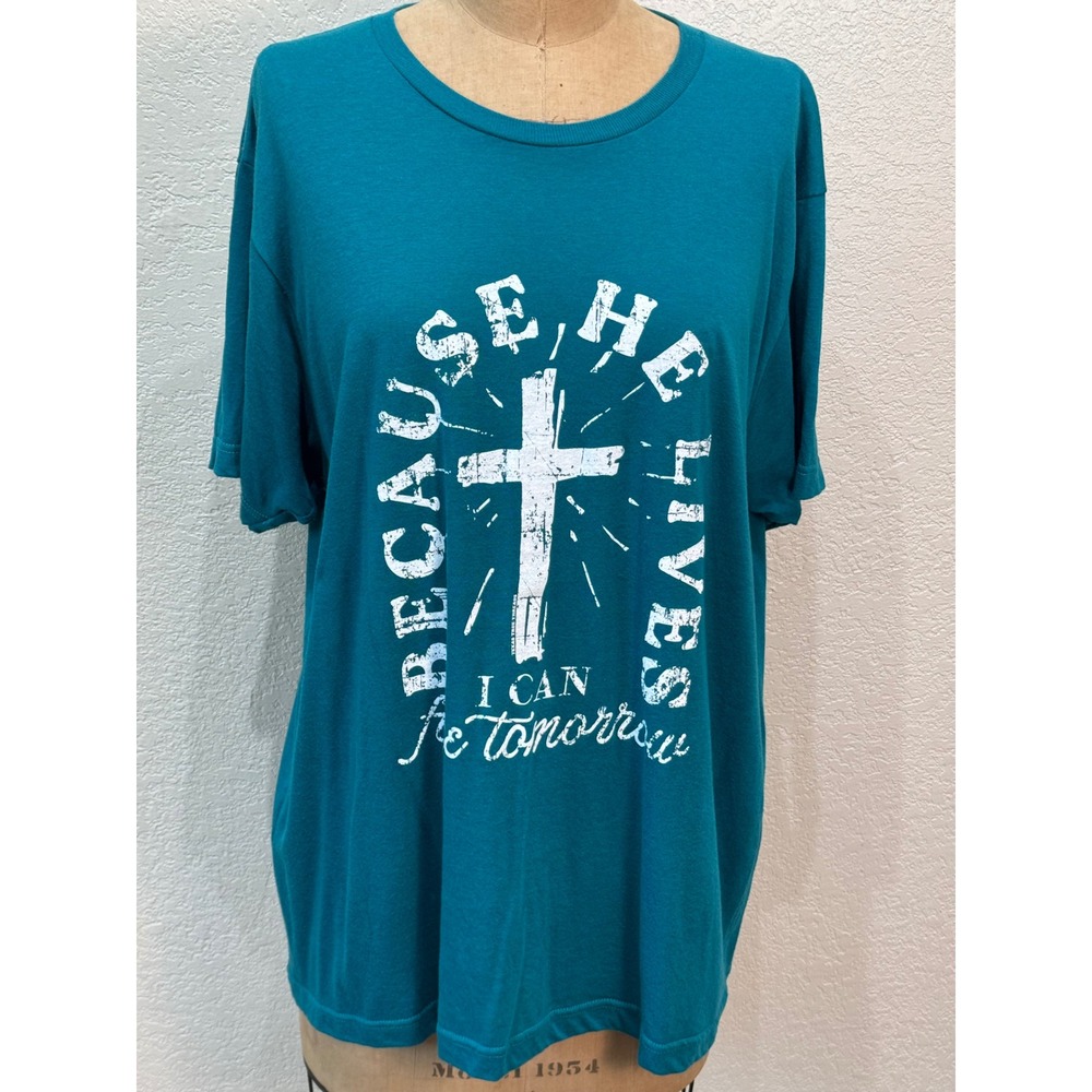 Texas True Threads Womens Large Teal Graphic Tee Because He Lives Cross T-Shirt
